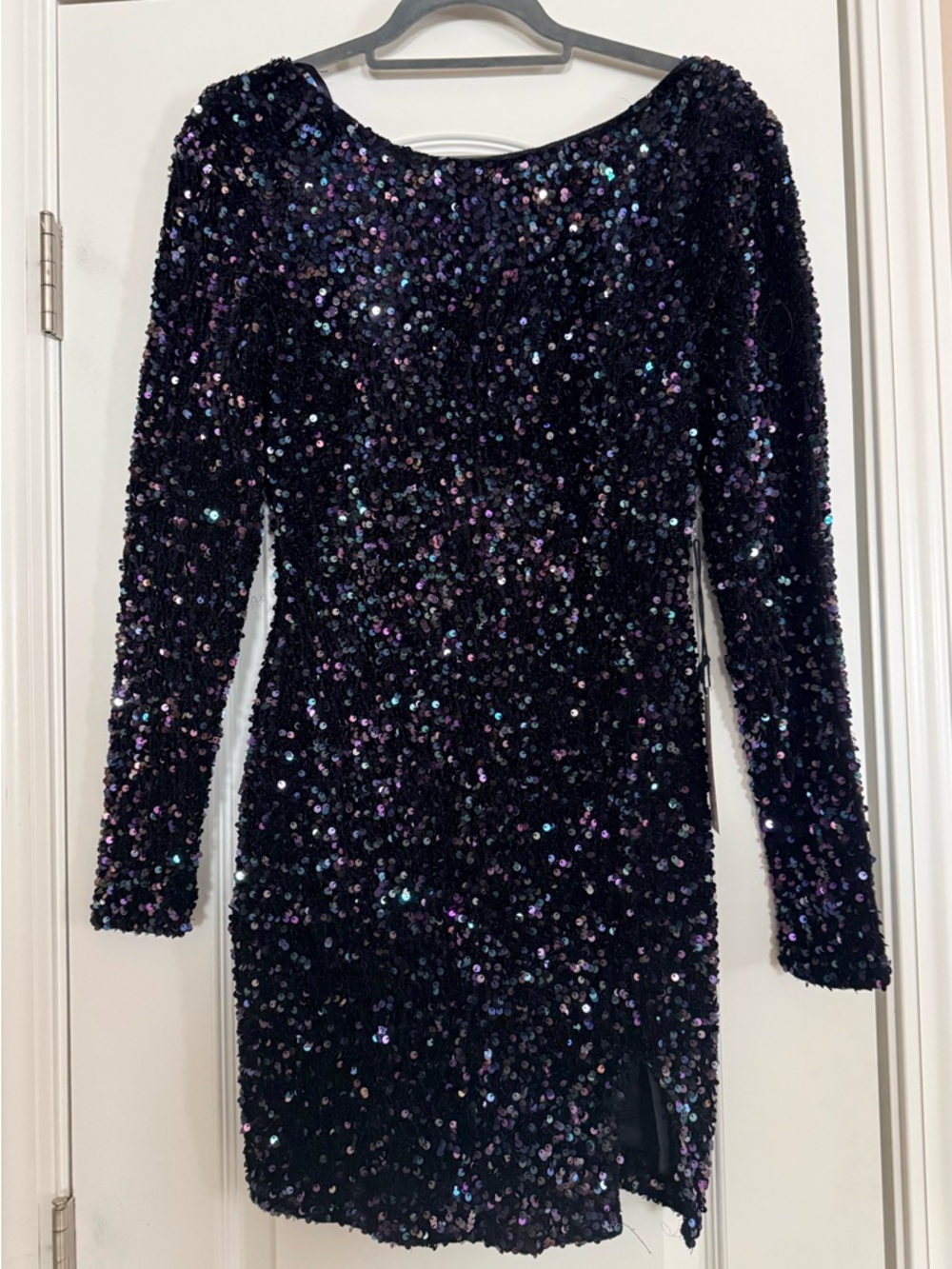 Black Iridescent Sequin Long Sleeve MIDI Dress